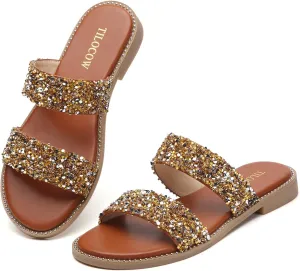 Tilocow Women's Flat Sandals with Rivets Inlaid Slip on Sandals Two Strap Casual Summer Slide Shoes