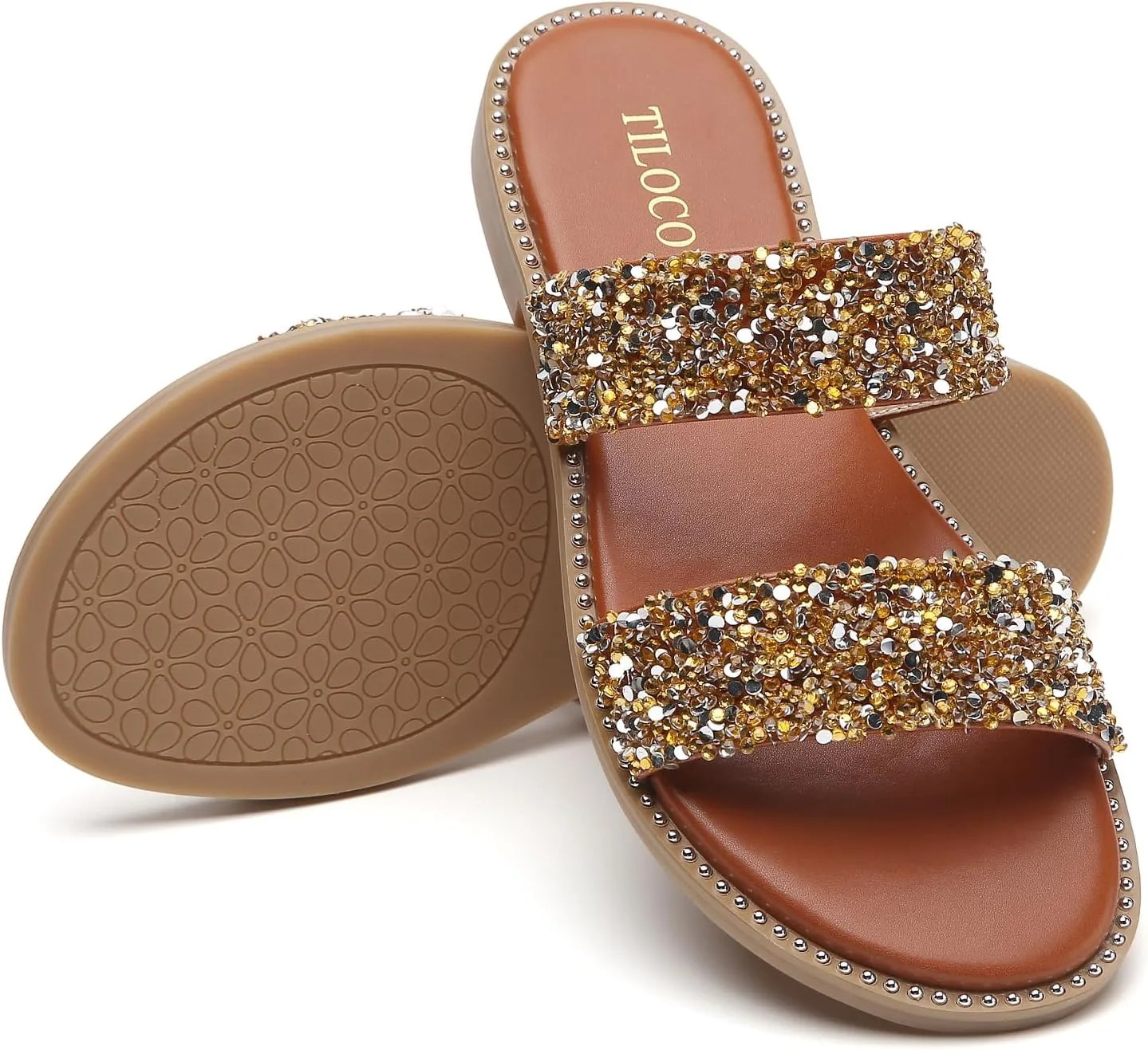 Tilocow Women's Flat Sandals with Rivets Inlaid Slip on Sandals Two Strap Casual Summer Slide Shoes