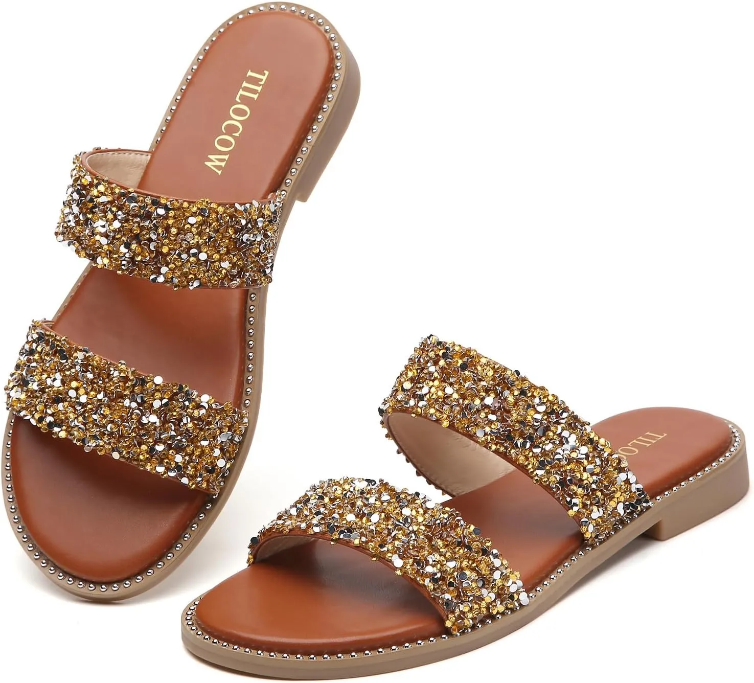 Tilocow Women's Flat Sandals with Rivets Inlaid Slip on Sandals Two Strap Casual Summer Slide Shoes