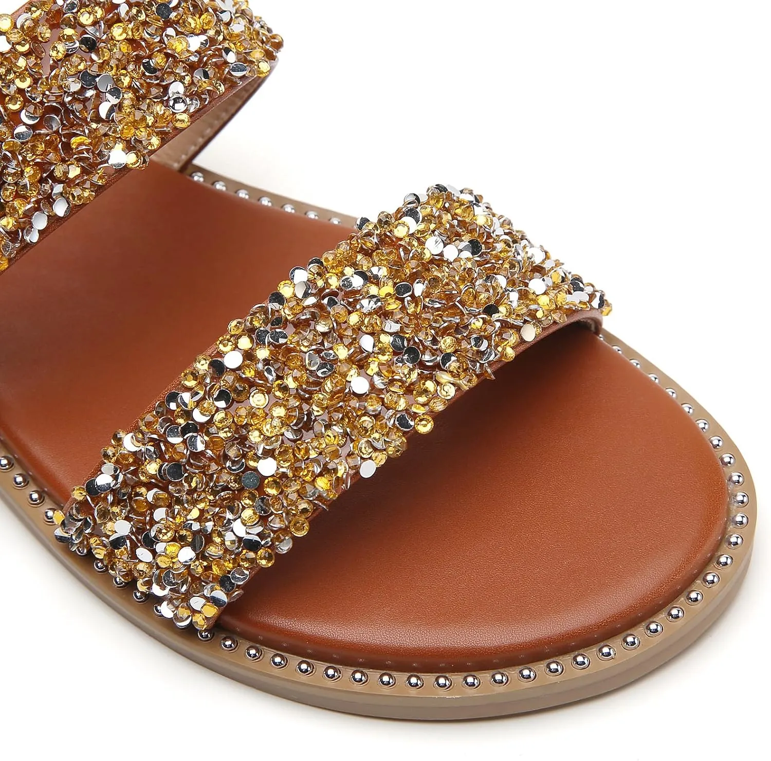 Tilocow Women's Flat Sandals with Rivets Inlaid Slip on Sandals Two Strap Casual Summer Slide Shoes