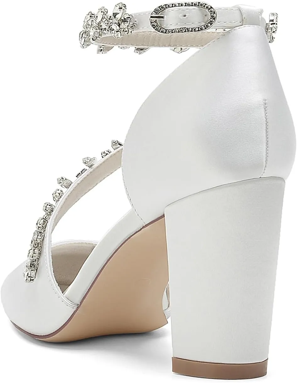 TNXZ Women's Pointed Toe High Heels Pump Shoes Ankle Strap High Block Heel Business Wedding Dress Shoes