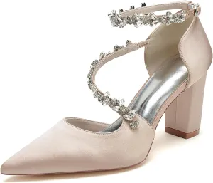 TNXZ Women's Pointed Toe High Heels Pump Shoes Ankle Strap High Block Heel Business Wedding Dress Shoes