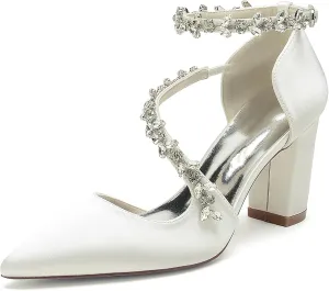 TNXZ Women's Pointed Toe High Heels Pump Shoes Ankle Strap High Block Heel Business Wedding Dress Shoes