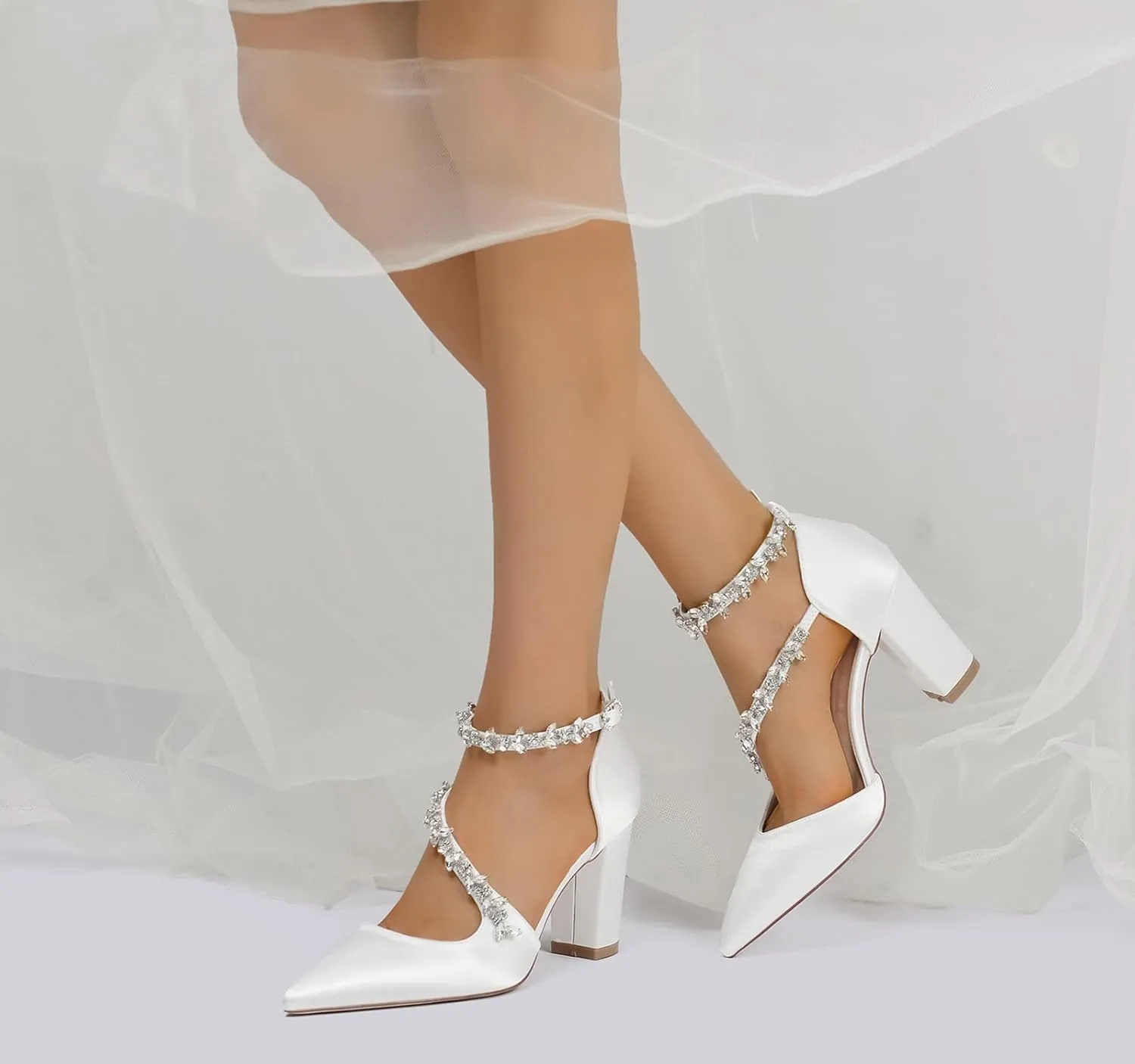 TNXZ Women's Pointed Toe High Heels Pump Shoes Ankle Strap High Block Heel Business Wedding Dress Shoes