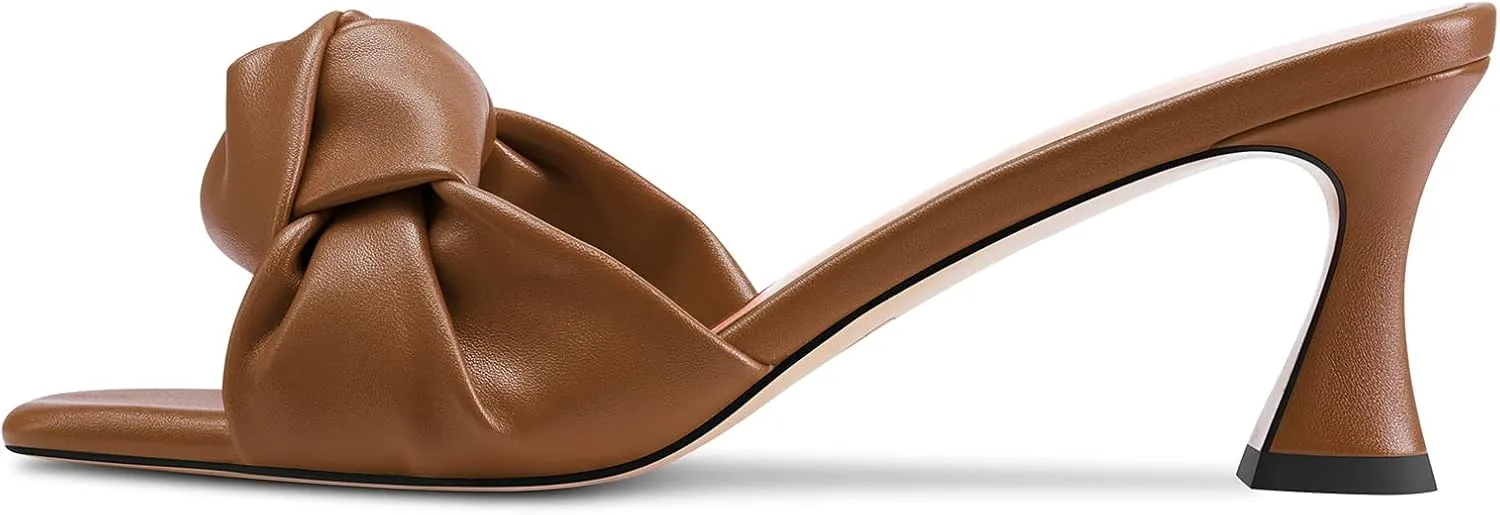 TNYNFBEB Women Chunky Block Mid Heel Square Toe Sandals Mules Shoes Slip-on Bow-knot Party Basic Classic 2.6 Inches Heels