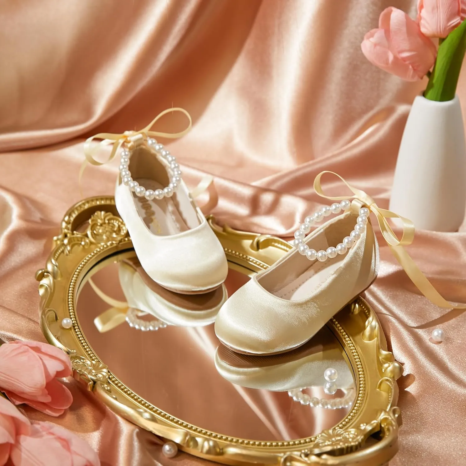 Toddler Flower Girl Dress Shoes - Little Girl Ballet Flats Pearl Strap for Wedding Party