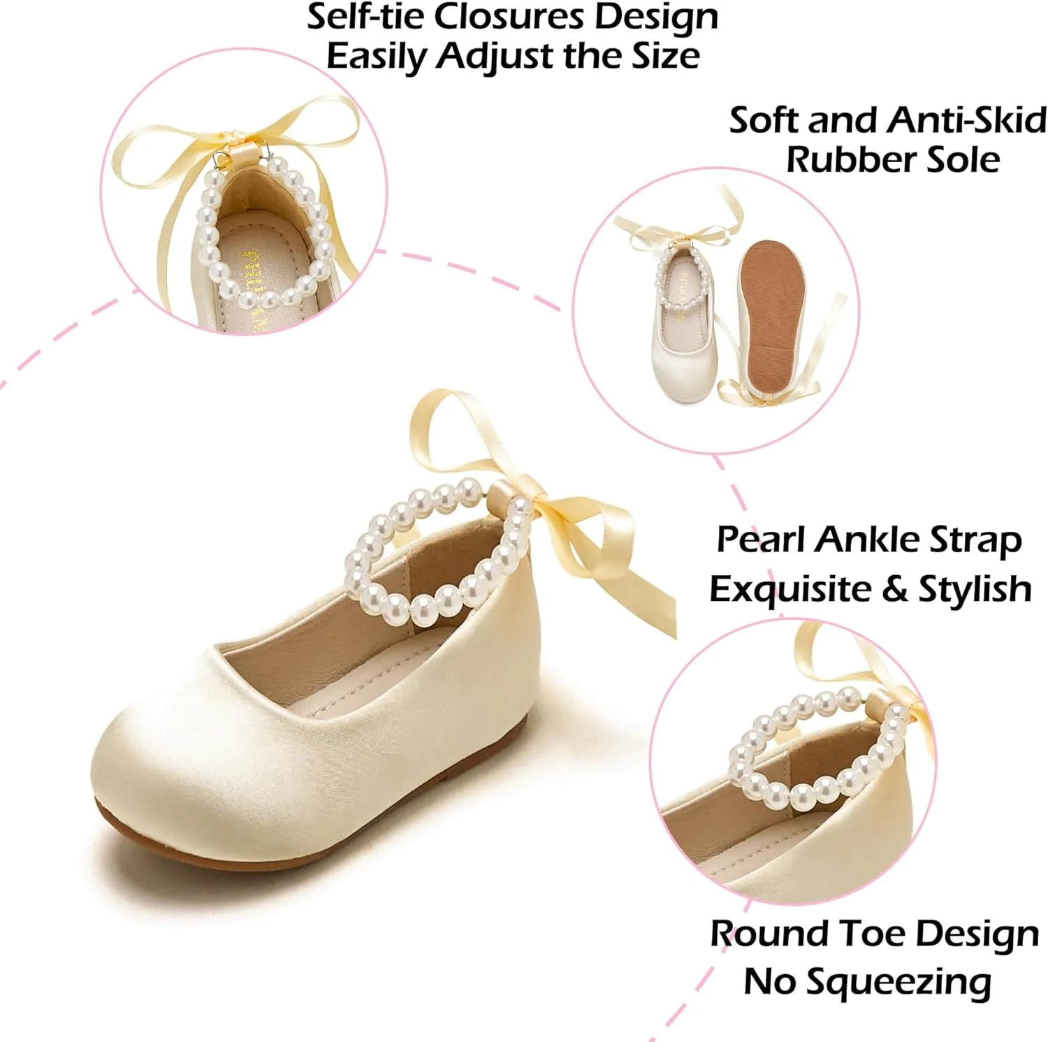 Toddler Flower Girl Dress Shoes - Little Girl Ballet Flats Pearl Strap for Wedding Party