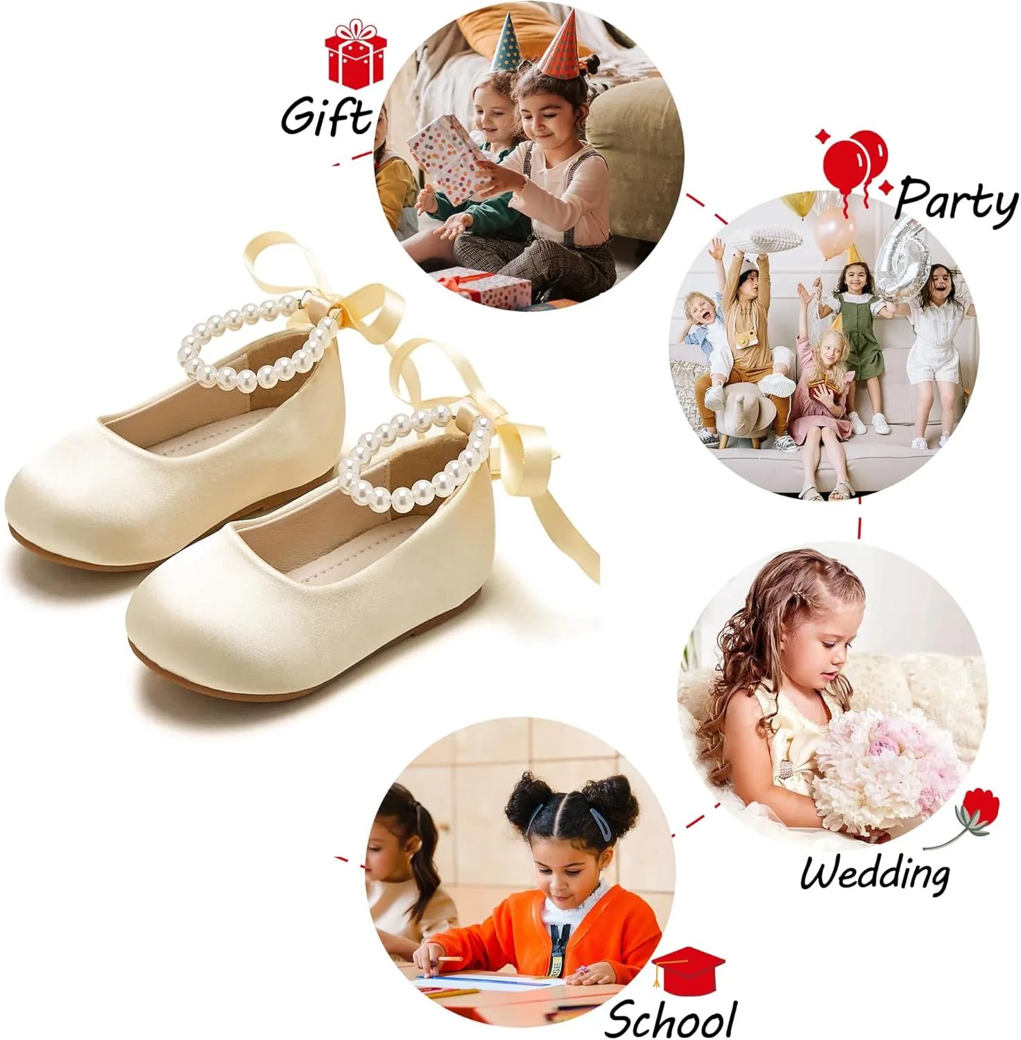 Toddler Flower Girl Dress Shoes - Little Girl Ballet Flats Pearl Strap for Wedding Party