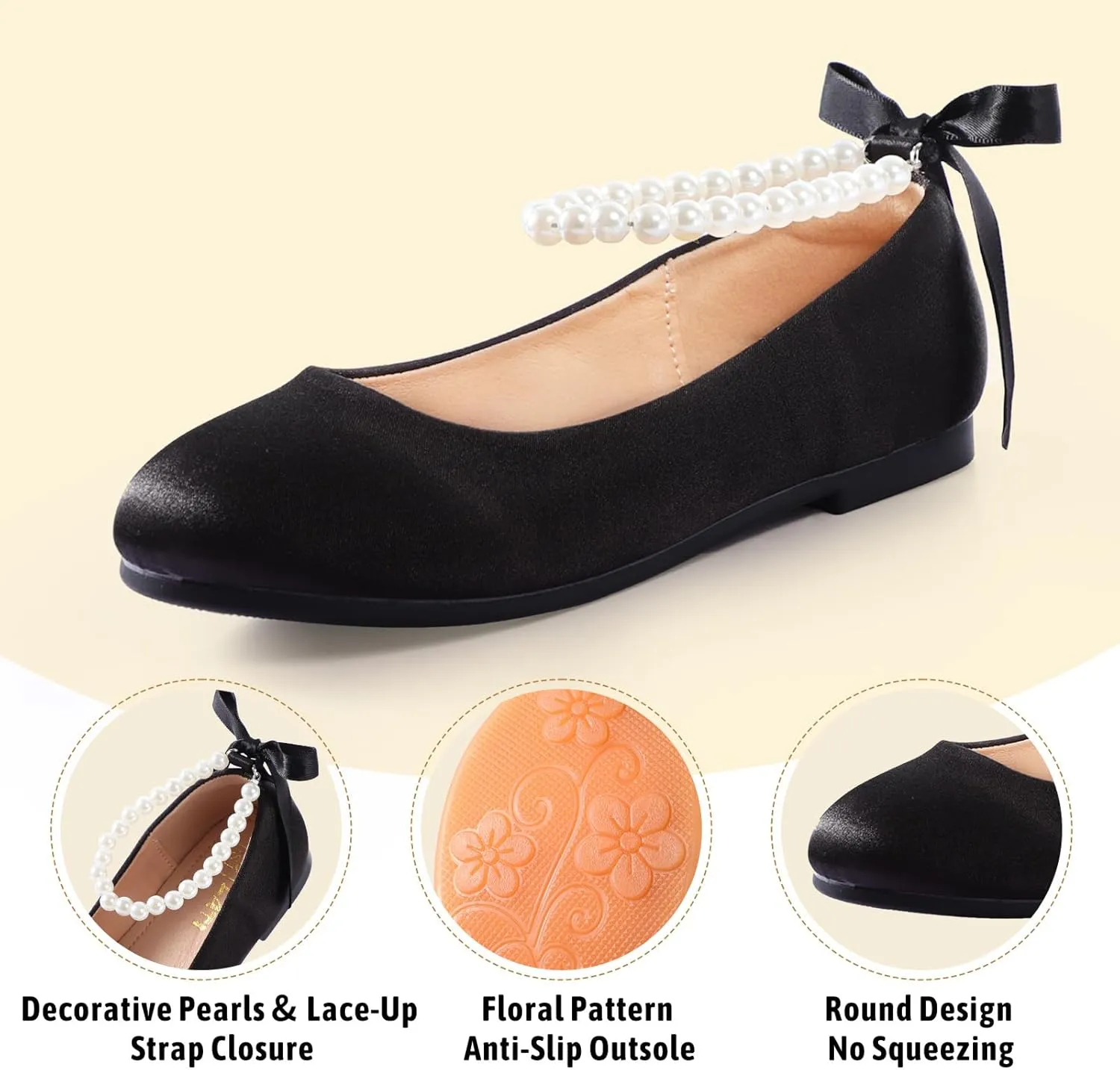 Toddler Girls Dress Shoes Flower Girls Mary Jane Ballet Flats Decorative Pearls Lace-Up Ankle Strap Wedding Communion Princess Shoes