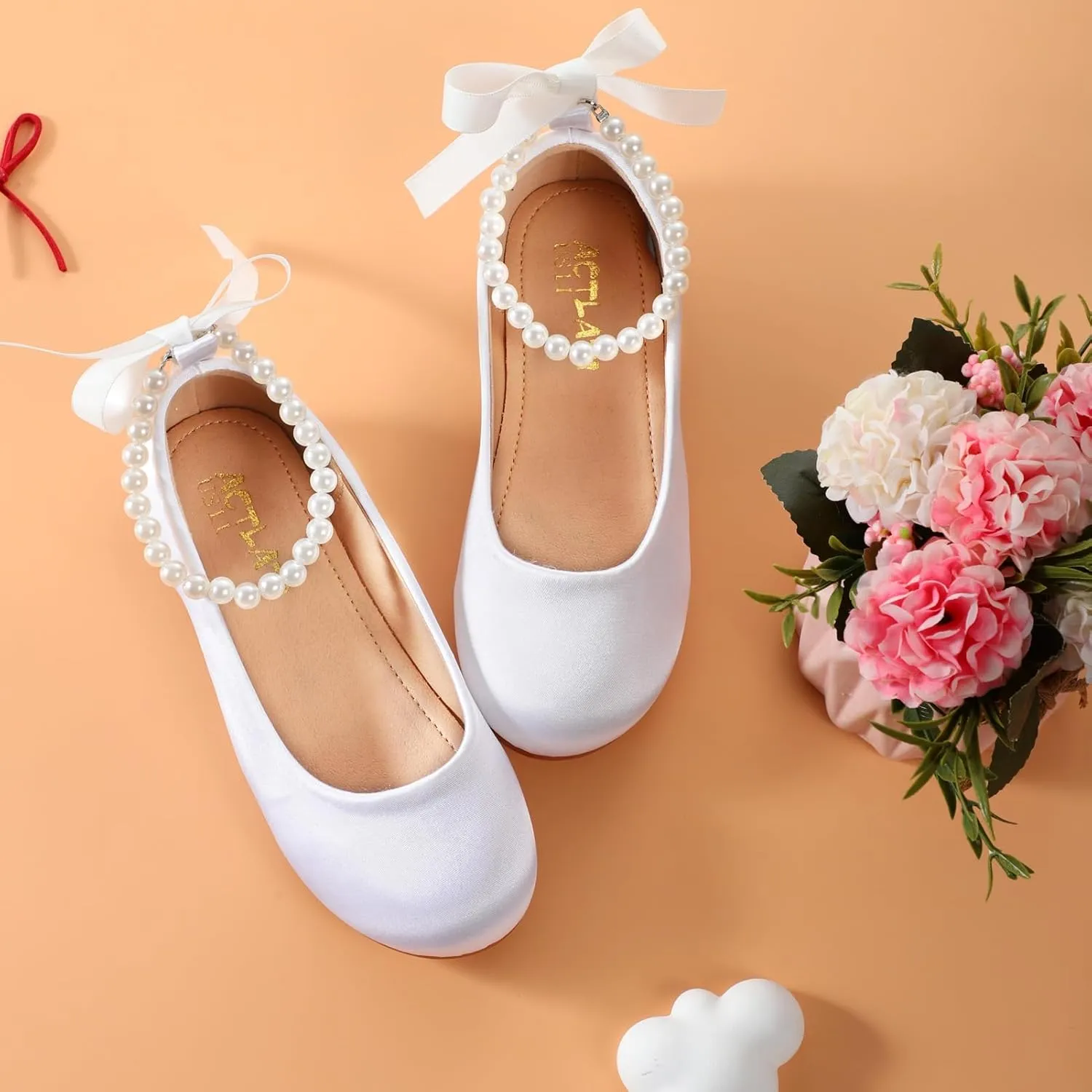 Toddler Girls Dress Shoes Flower Girls Mary Jane Ballet Flats Decorative Pearls Lace-Up Ankle Strap Wedding Communion Princess Shoes