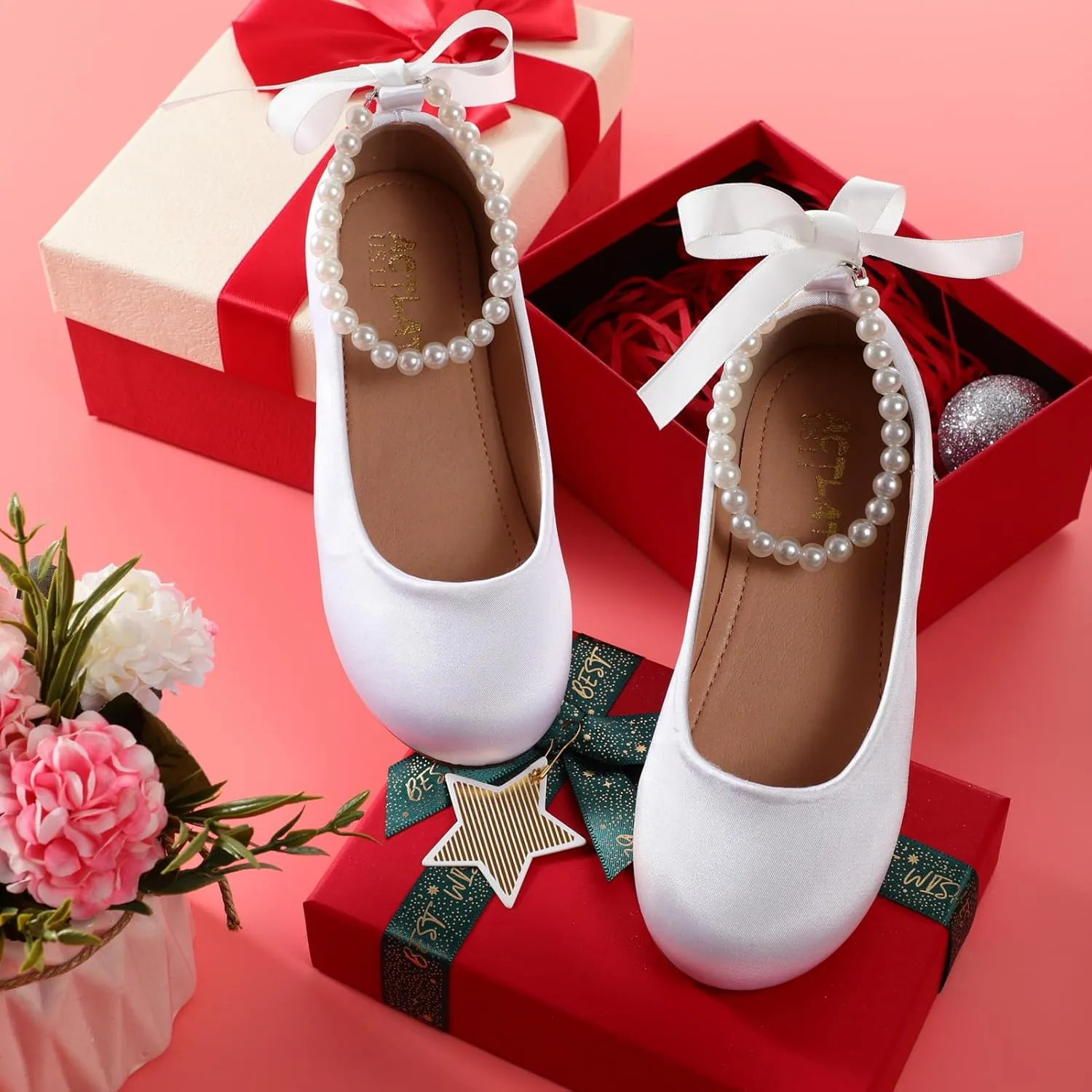 Toddler Girls Dress Shoes Flower Girls Mary Jane Ballet Flats Decorative Pearls Lace-Up Ankle Strap Wedding Communion Princess Shoes