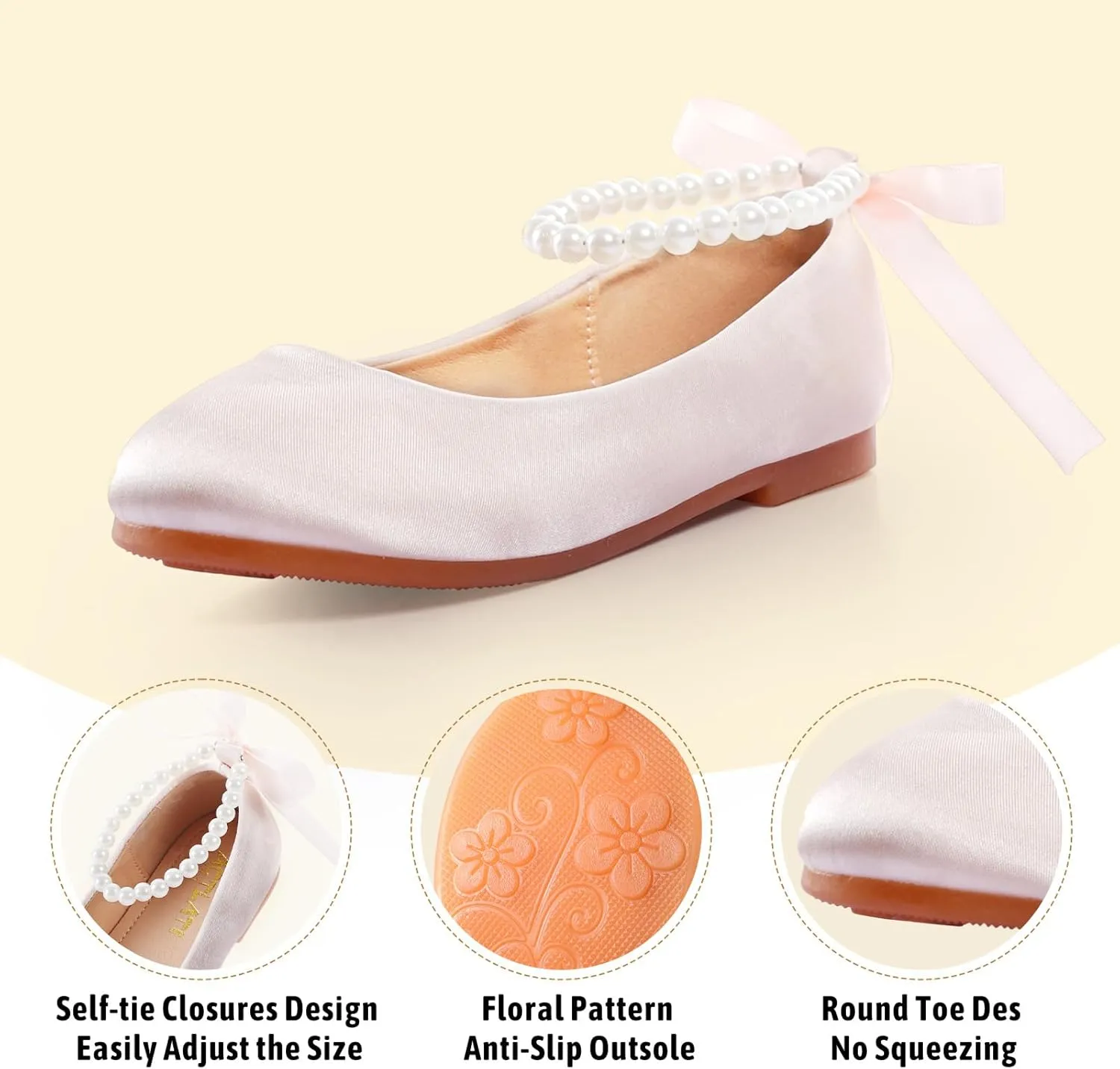 Toddler Girls Dress Shoes Flower Girls Mary Jane Ballet Flats Decorative Pearls Lace-Up Ankle Strap Wedding Communion Princess Shoes