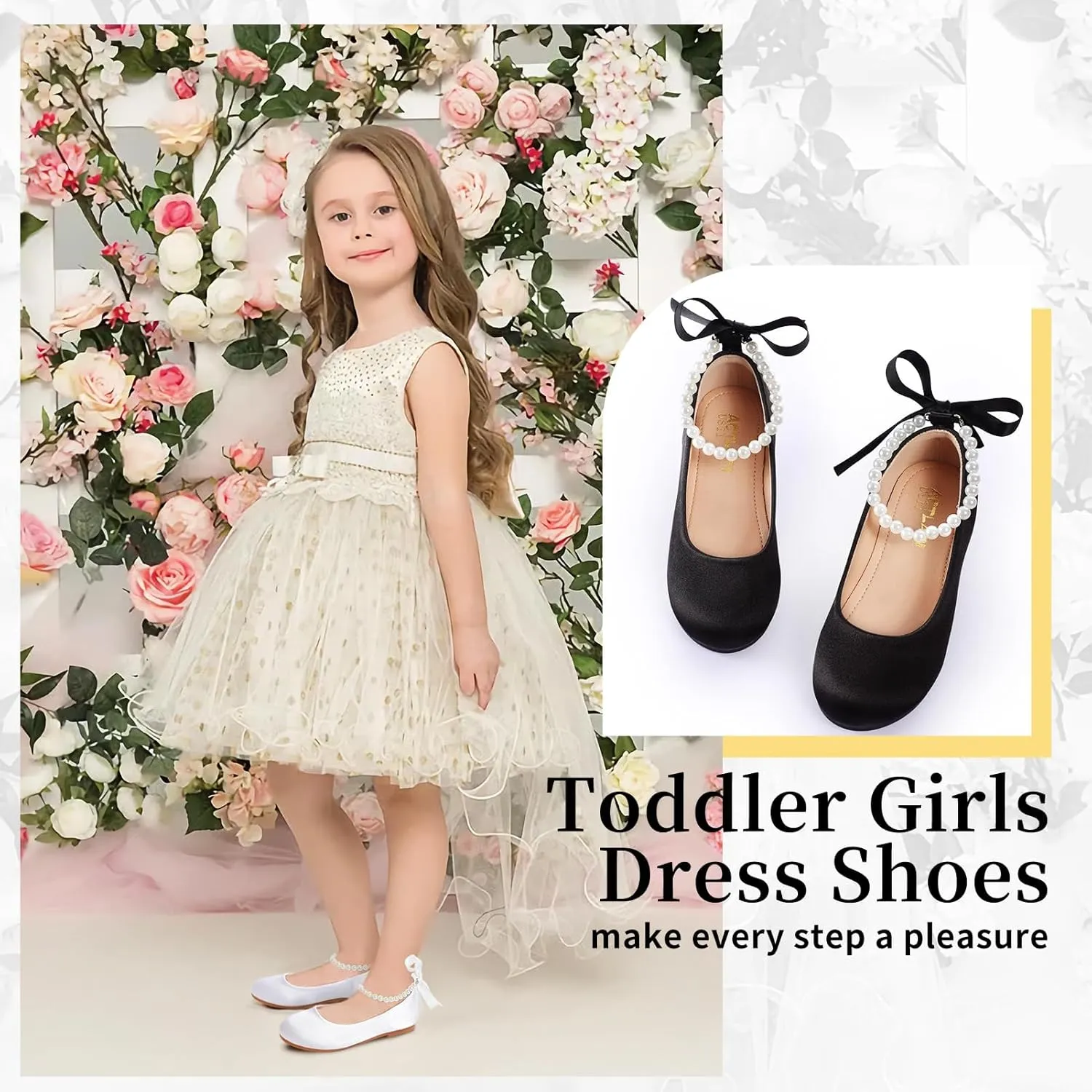 Toddler Girls Dress Shoes Flower Girls Mary Jane Ballet Flats Decorative Pearls Lace-Up Ankle Strap Wedding Communion Princess Shoes