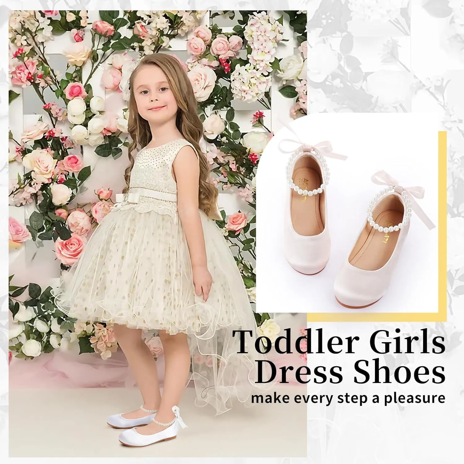 Toddler Girls Dress Shoes Flower Girls Mary Jane Ballet Flats Decorative Pearls Lace-Up Ankle Strap Wedding Communion Princess Shoes