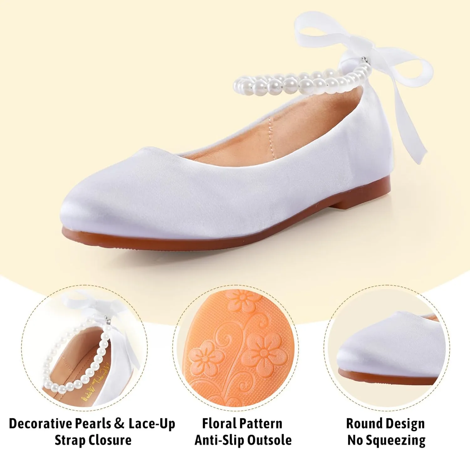 Toddler Girls Dress Shoes Flower Girls Mary Jane Ballet Flats Decorative Pearls Lace-Up Ankle Strap Wedding Communion Princess Shoes