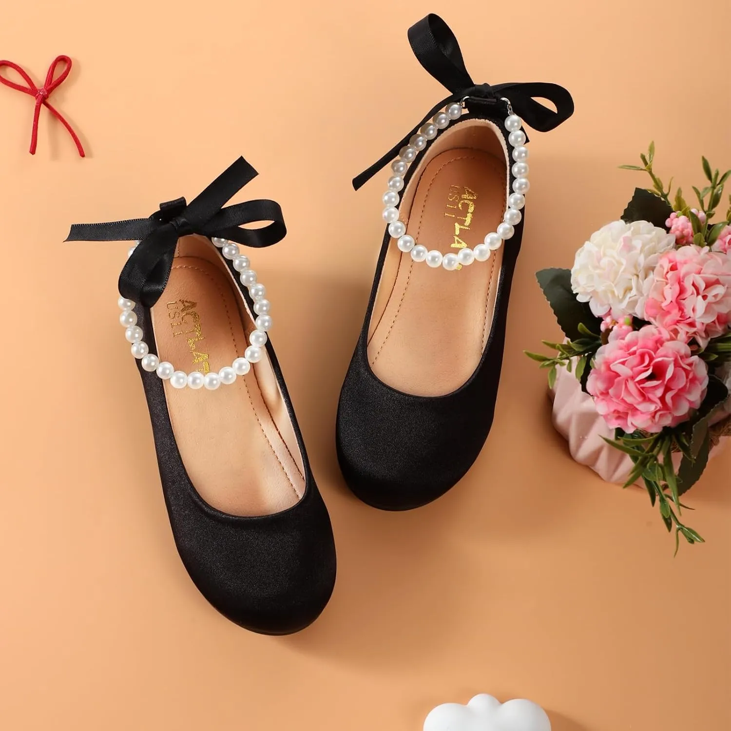 Toddler Girls Dress Shoes Flower Girls Mary Jane Ballet Flats Decorative Pearls Lace-Up Ankle Strap Wedding Communion Princess Shoes