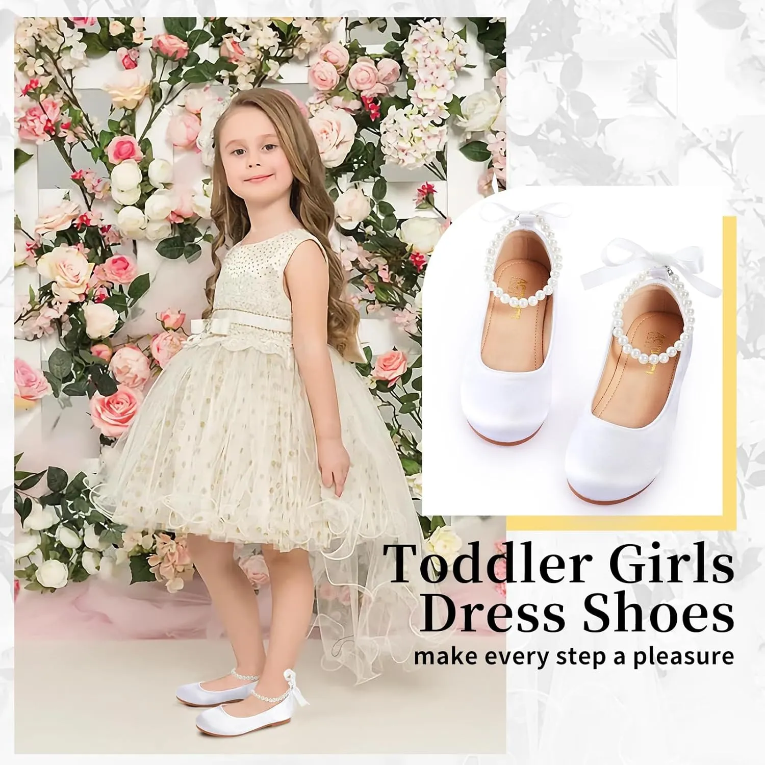 Toddler Girls Dress Shoes Flower Girls Mary Jane Ballet Flats Decorative Pearls Lace-Up Ankle Strap Wedding Communion Princess Shoes