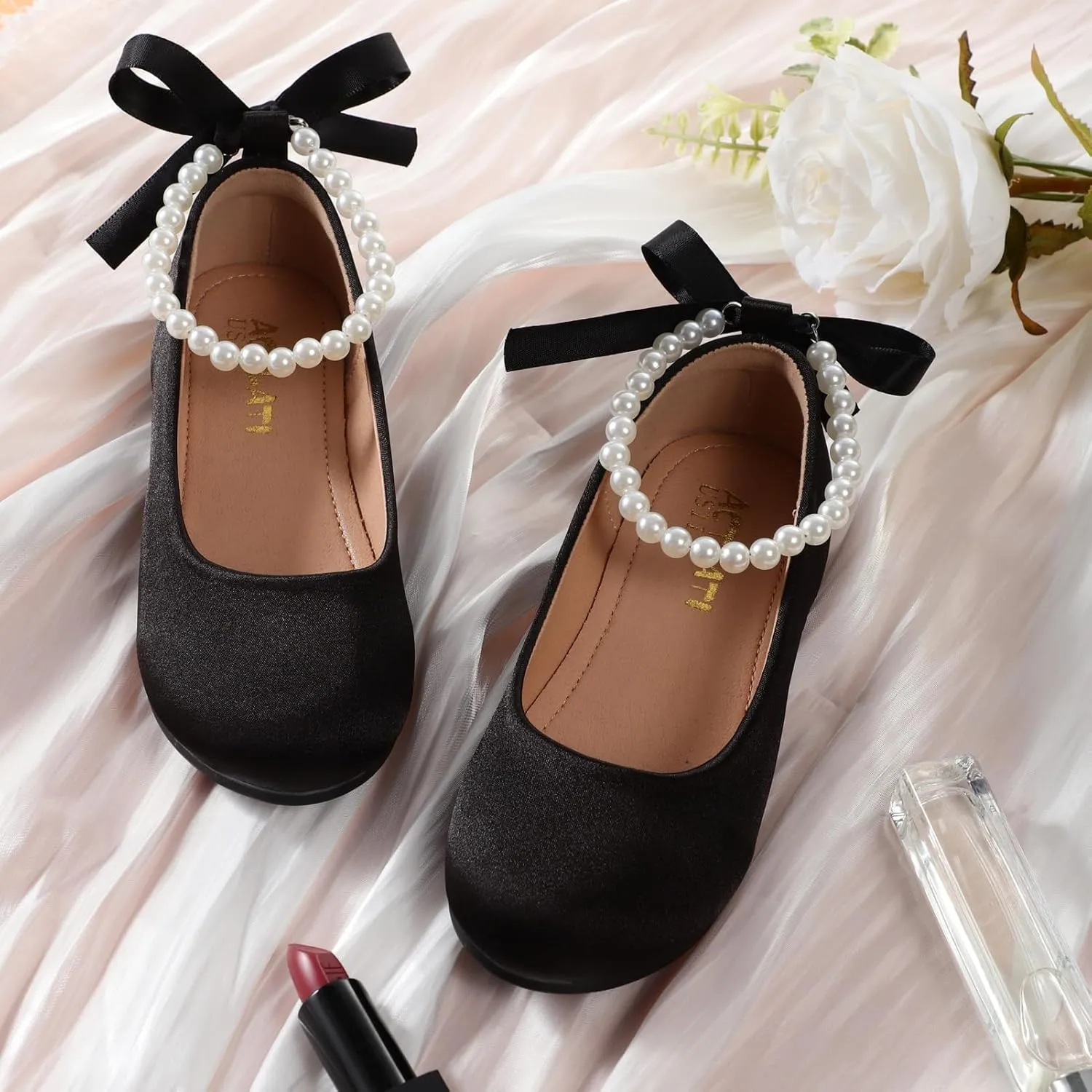 Toddler Girls Dress Shoes Flower Girls Mary Jane Ballet Flats Decorative Pearls Lace-Up Ankle Strap Wedding Communion Princess Shoes
