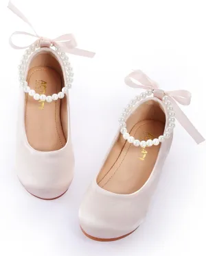 Toddler Girls Dress Shoes Flower Girls Mary Jane Ballet Flats Decorative Pearls Lace-Up Ankle Strap Wedding Communion Princess Shoes