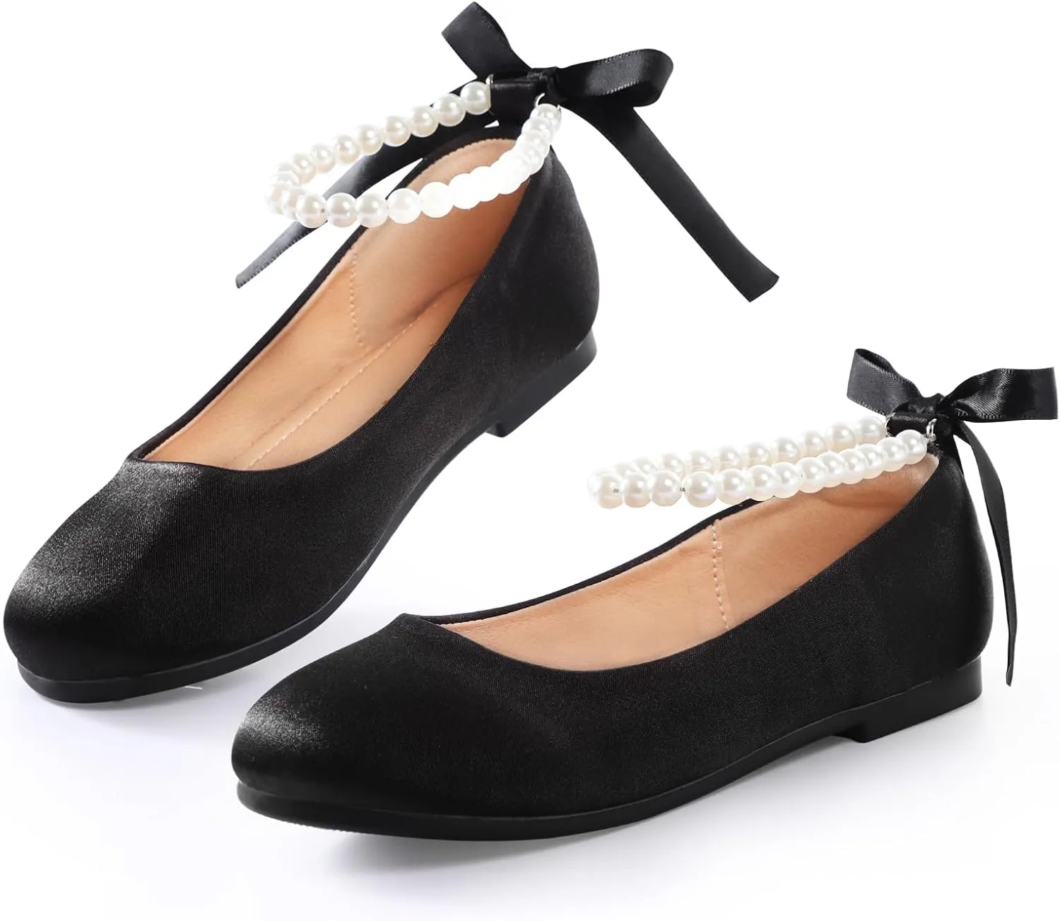 Toddler Girls Dress Shoes Flower Girls Mary Jane Ballet Flats Decorative Pearls Lace-Up Ankle Strap Wedding Communion Princess Shoes