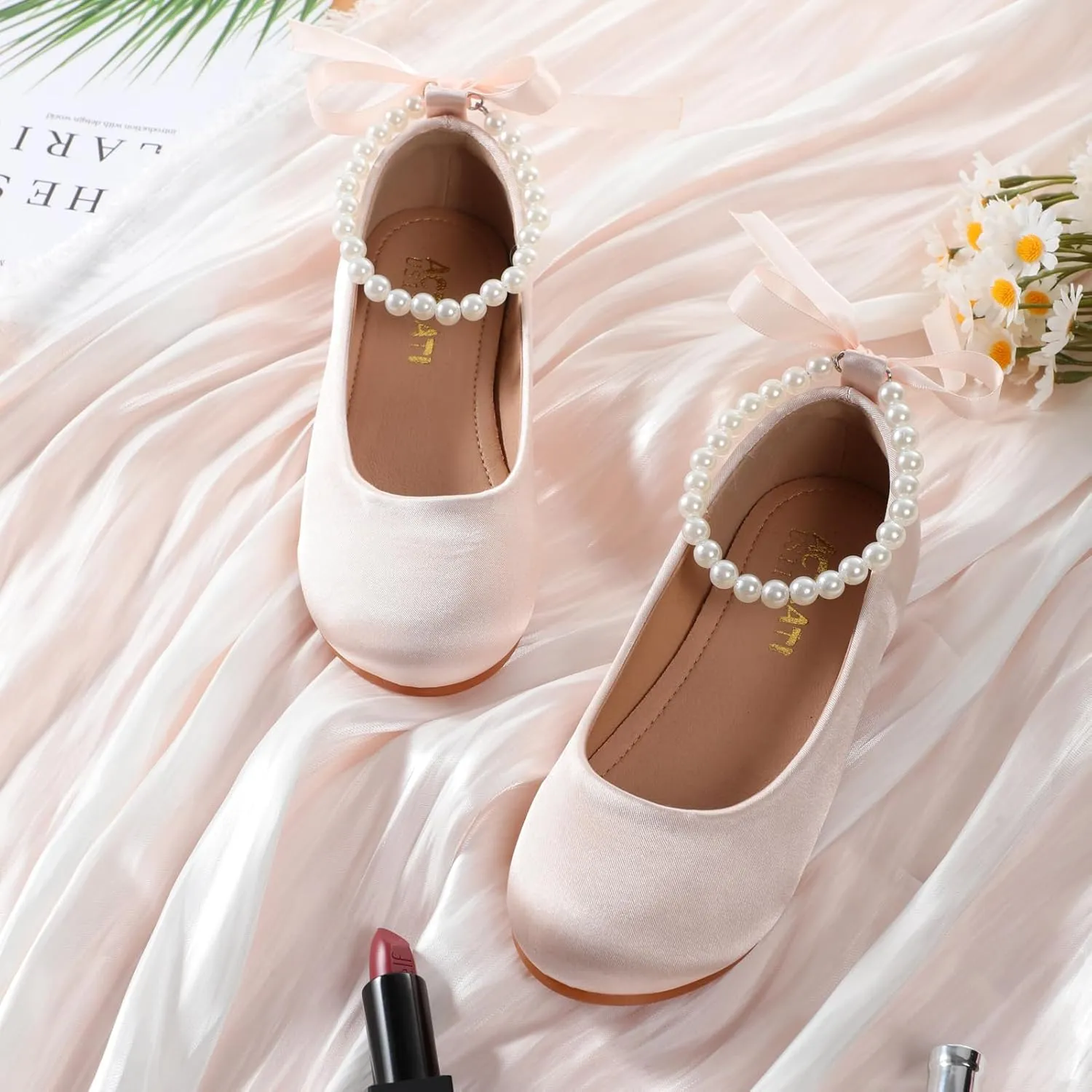 Toddler Girls Dress Shoes Flower Girls Mary Jane Ballet Flats Decorative Pearls Lace-Up Ankle Strap Wedding Communion Princess Shoes