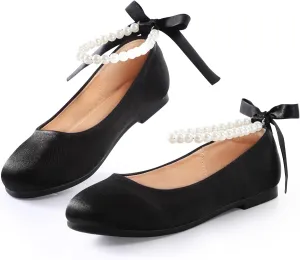 Toddler Girls Dress Shoes Flower Girls Mary Jane Ballet Flats Decorative Pearls Lace-Up Ankle Strap Wedding Communion Princess Shoes