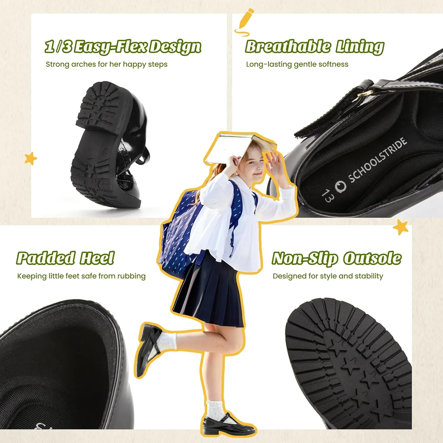 Toddler Girls Dress Shoes Mary Jane Flats Little Big Kid Wedding Party Princess School Uniform Ballet Black White Classic T-Strap Low Heel Hook and Loop Slip-On Soft Sole Closed Toe