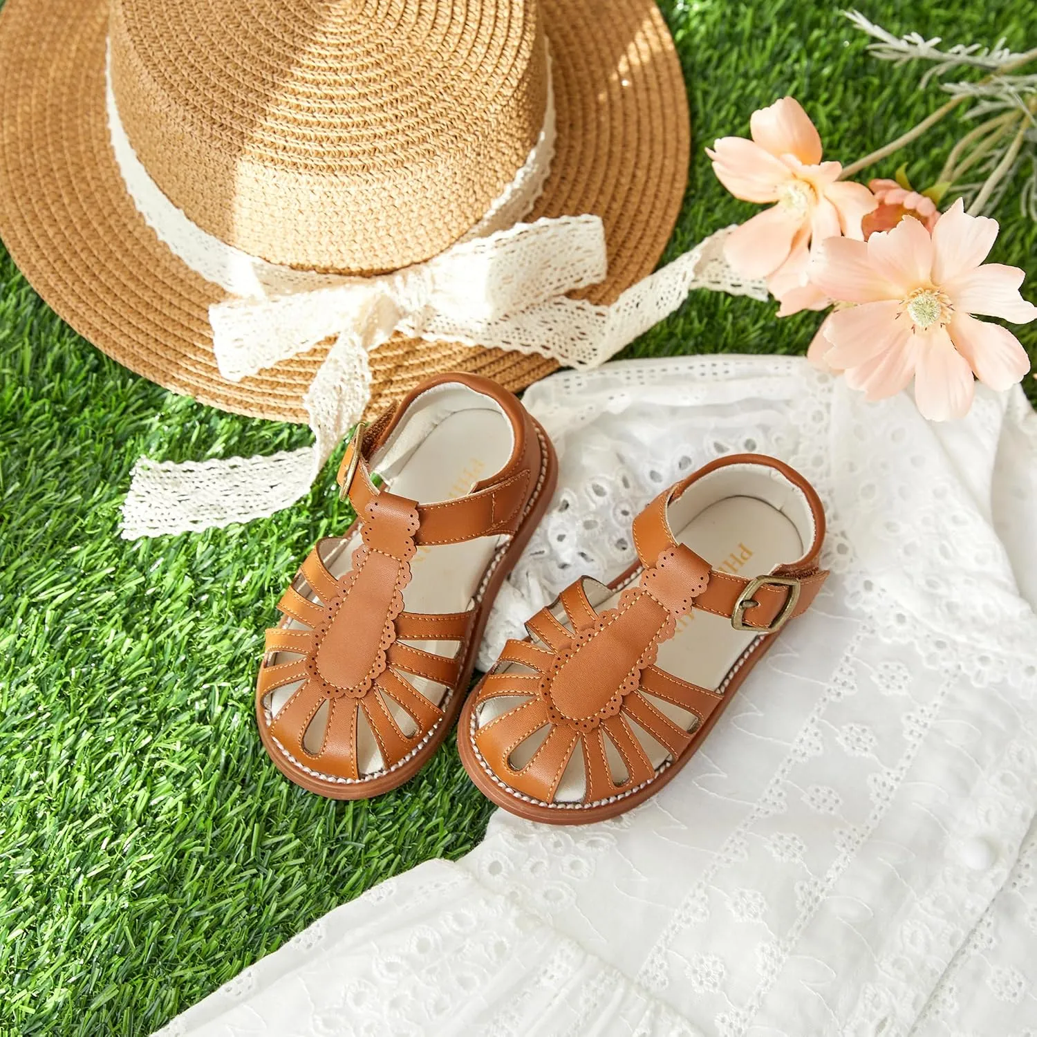 Toddler Little Girl Summer Sandals - Flower Girl Close Toe Dress Shoes Flats Wedding Princess