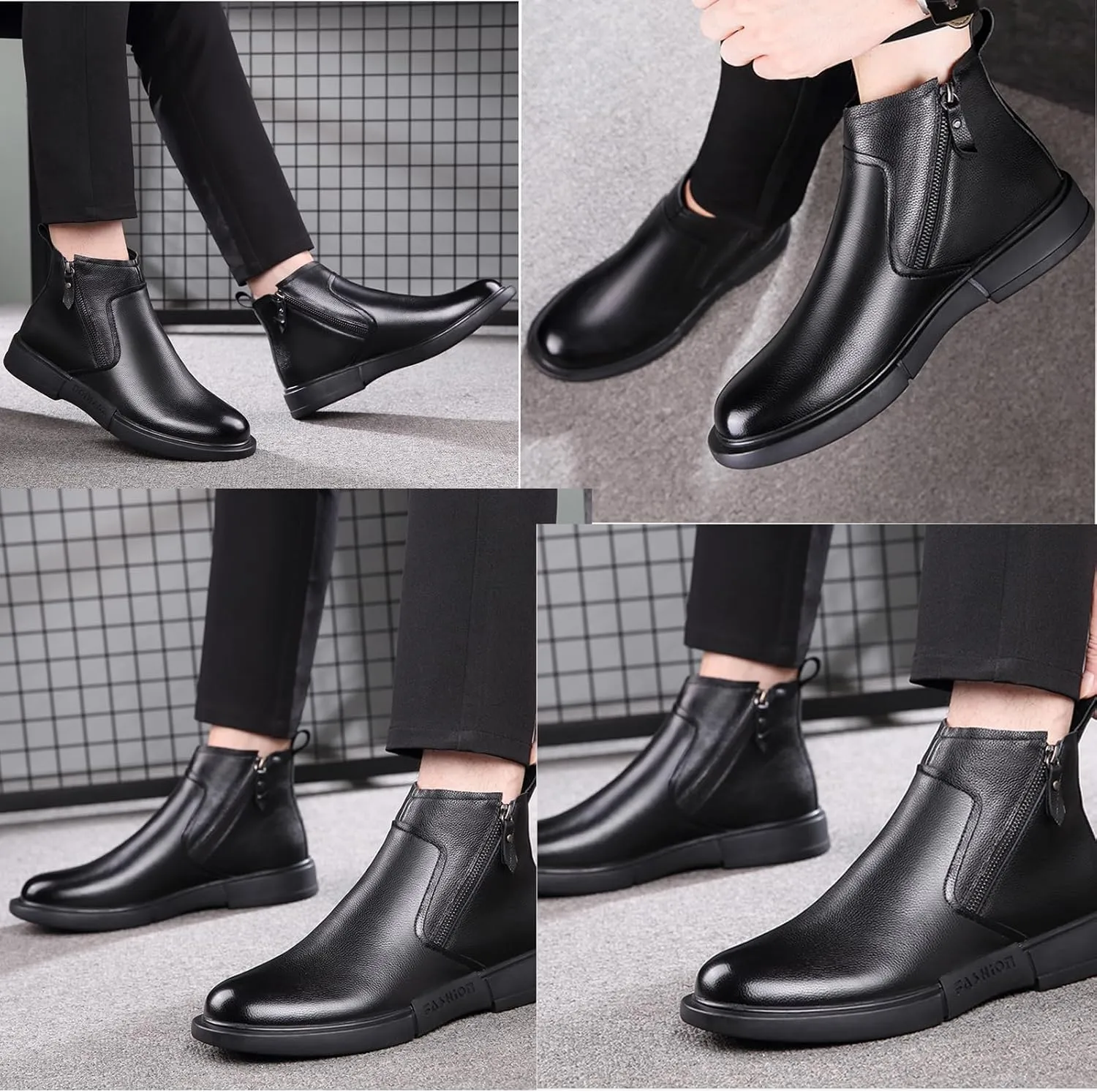 Tokouk Men'S classic Leather Flat Casual Chelsea Boots Fashionable Comfy Slip-On Winter Fleece Business Work Dress Chukka Boots