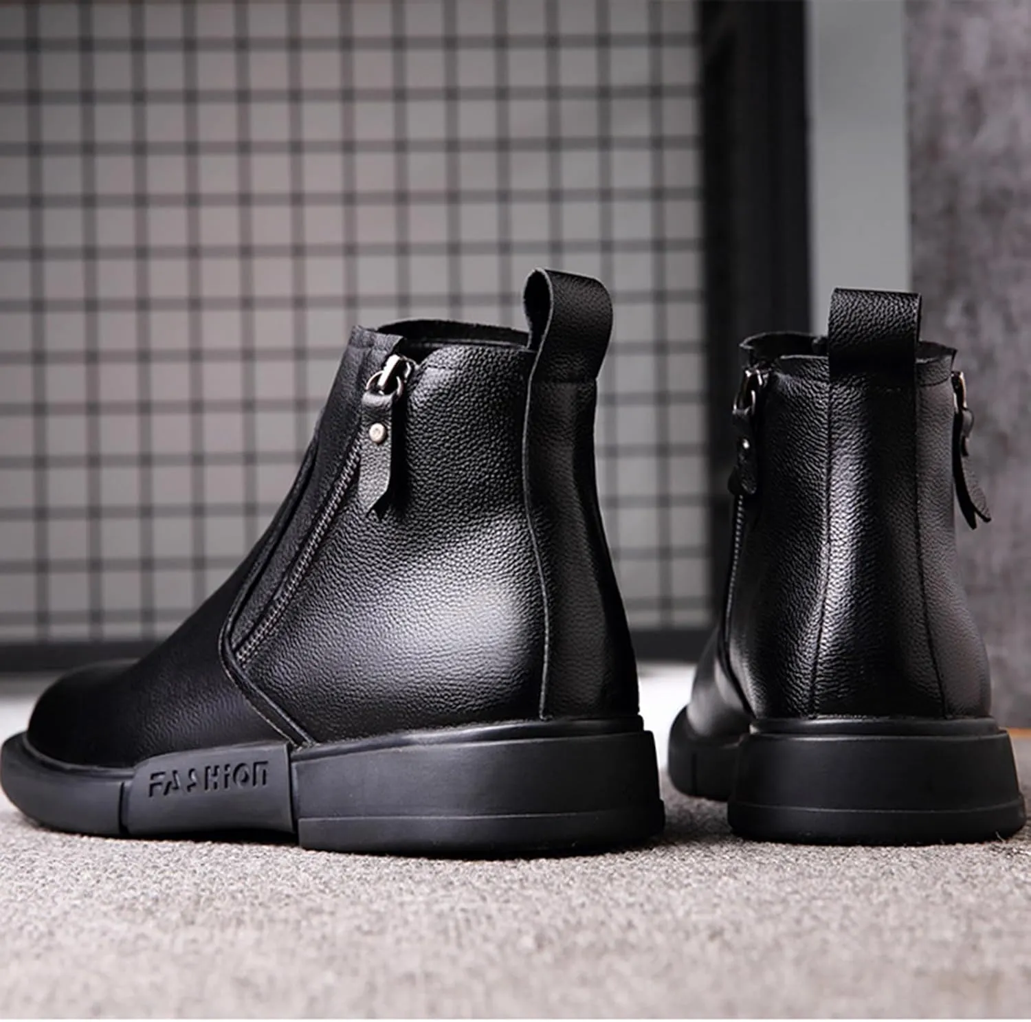 Tokouk Men'S classic Leather Flat Casual Chelsea Boots Fashionable Comfy Slip-On Winter Fleece Business Work Dress Chukka Boots