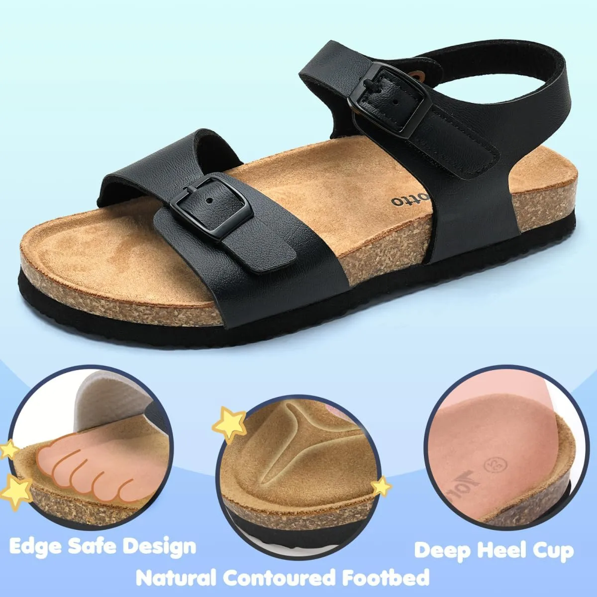 Torotto Girls Boys Sandals with Cork Footbed Adjustable Buckle Casual Slides Sandals Open Toes Flat for Kids Toddler