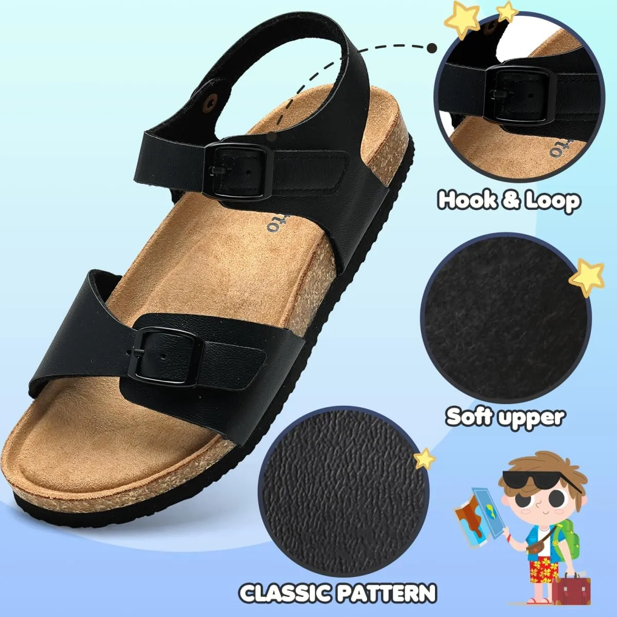 Torotto Girls Boys Sandals with Cork Footbed Adjustable Buckle Casual Slides Sandals Open Toes Flat for Kids Toddler