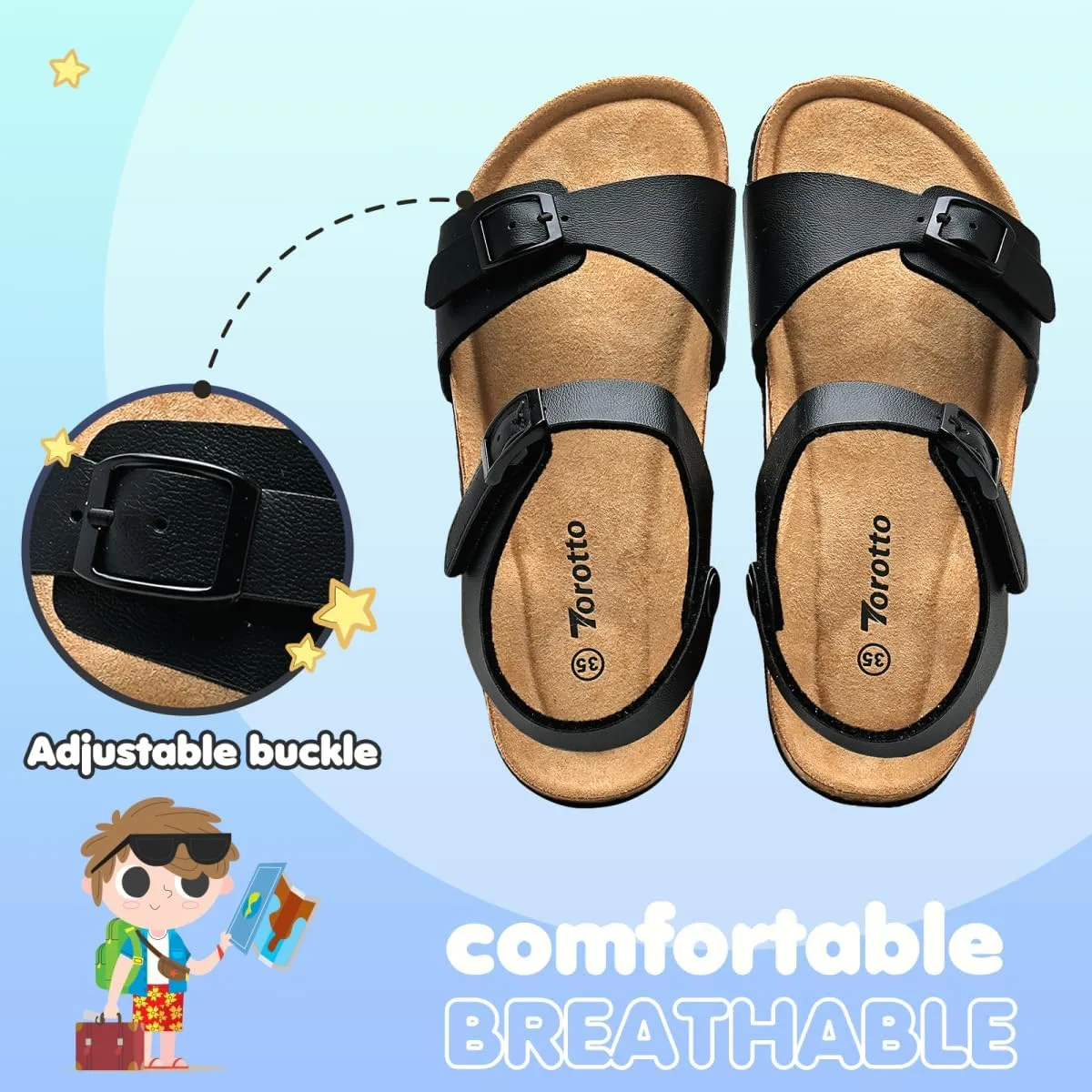 Torotto Girls Boys Sandals with Cork Footbed Adjustable Buckle Casual Slides Sandals Open Toes Flat for Kids Toddler