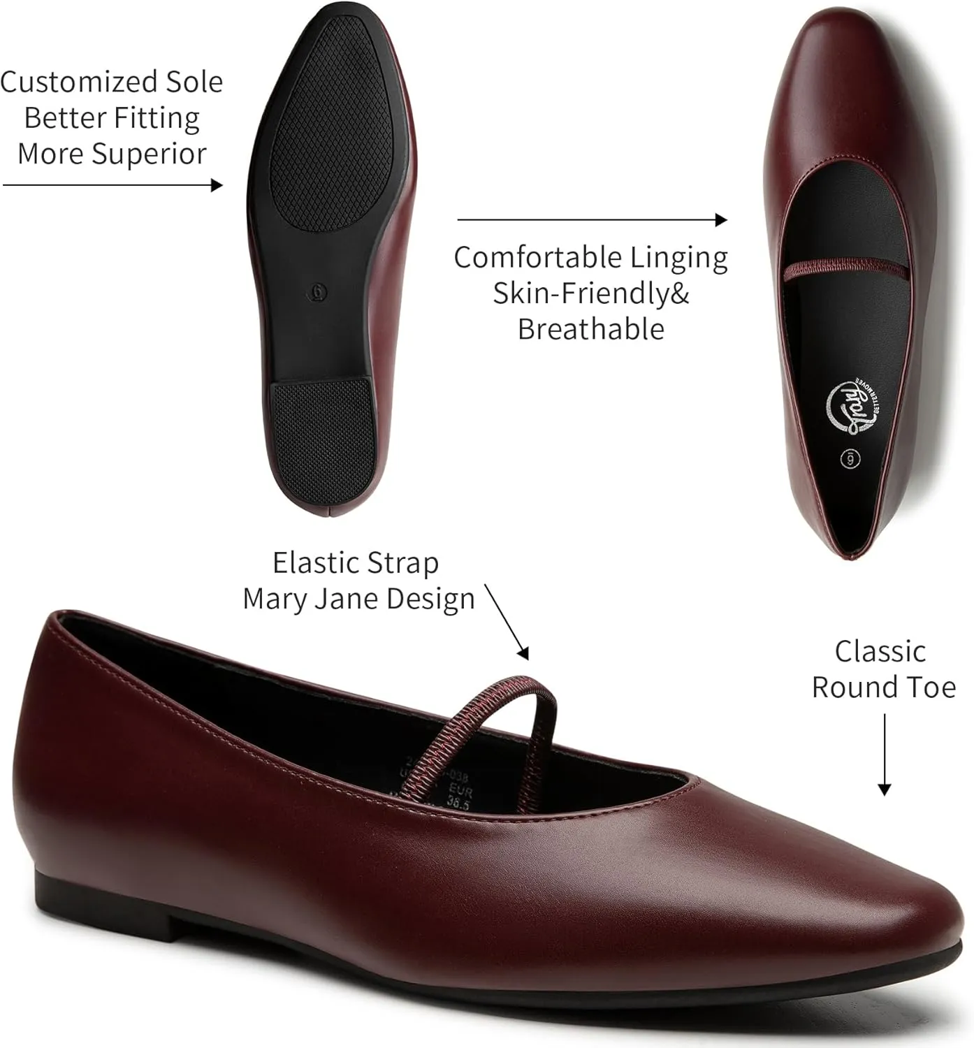 Trary Mary Jane Ballet Flats for Women - Comfortable Closed Toe Shoes With Strap