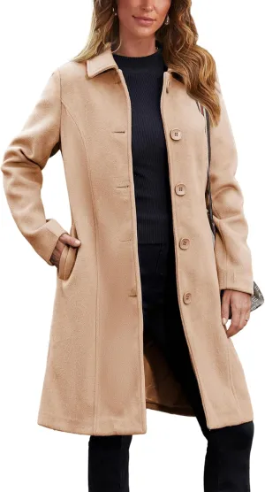 UANEO Womens Peacoat Faux Wool Blend Single Breasted Long Trench Coat Dress Overcoat Winter with Pockets