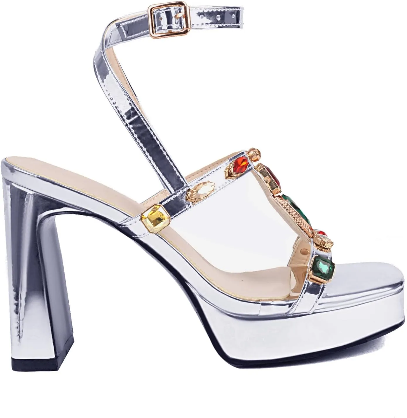 UTIKLIOU Women's Chunk High Heel Pump Sandals Ankle Strap Rhinestone Platform Square Toe Buckle Straps Sandals Block Heels Dress Wedding Party Shoes