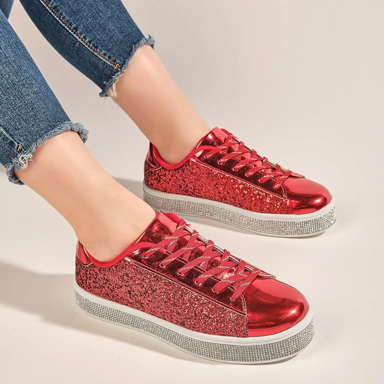 UUBARIS Women's Glitter Tennis Sneakers Neon Dressy Sparkly Sneakers Rhinestone Bling Wedding Bridal Shoes Shiny Sequin Shoes