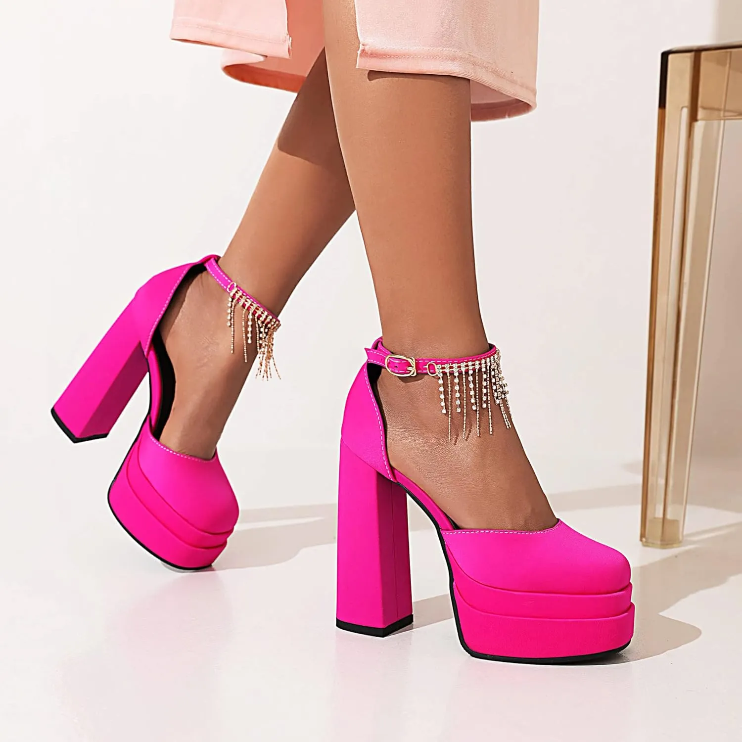 VARECOLA Women Fringe Silk Satin Platform Pumps Ankle Strap Chunky High Heels Dress Shoes