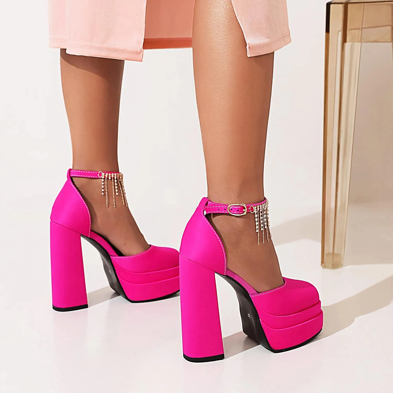 VARECOLA Women Fringe Silk Satin Platform Pumps Ankle Strap Chunky High Heels Dress Shoes