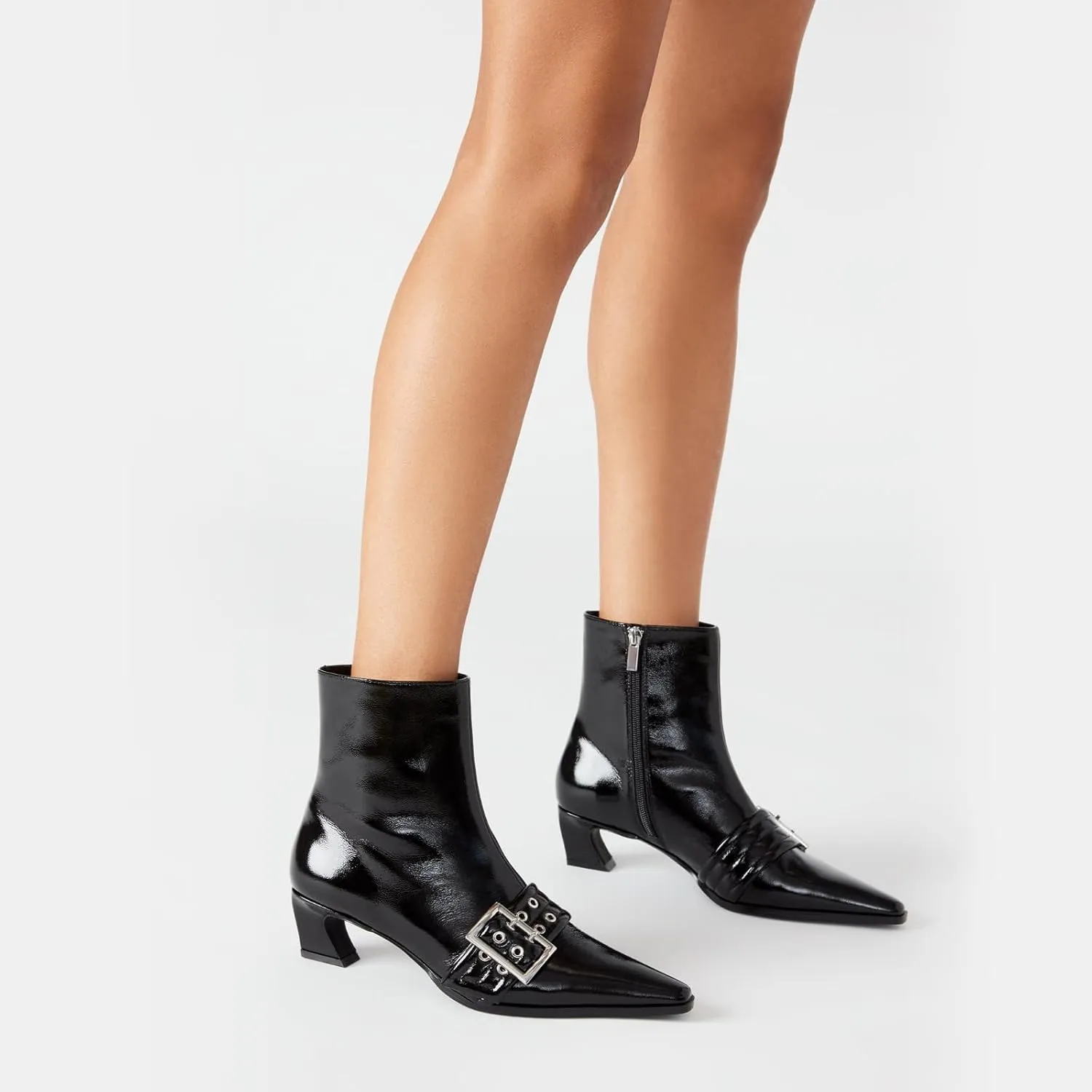 Vaslemuse Women Booties Buckle Ankle Boots Kitten Low Heel Eyelet Booties Sexy Pointy Toe Fashion Dress Short Boots with Zips