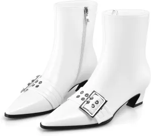 Vaslemuse Women Booties Buckle Ankle Boots Kitten Low Heel Eyelet Booties Sexy Pointy Toe Fashion Dress Short Boots with Zips