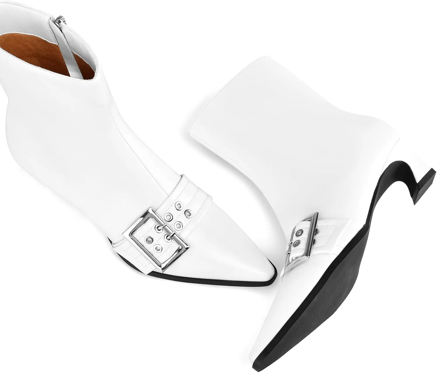Vaslemuse Women Booties Buckle Ankle Boots Kitten Low Heel Eyelet Booties Sexy Pointy Toe Fashion Dress Short Boots with Zips