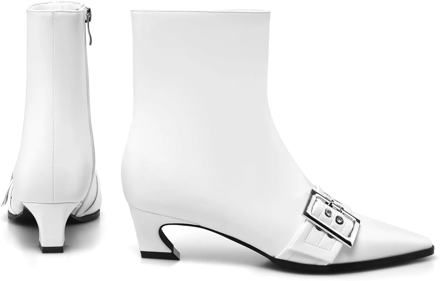 Vaslemuse Women Booties Buckle Ankle Boots Kitten Low Heel Eyelet Booties Sexy Pointy Toe Fashion Dress Short Boots with Zips