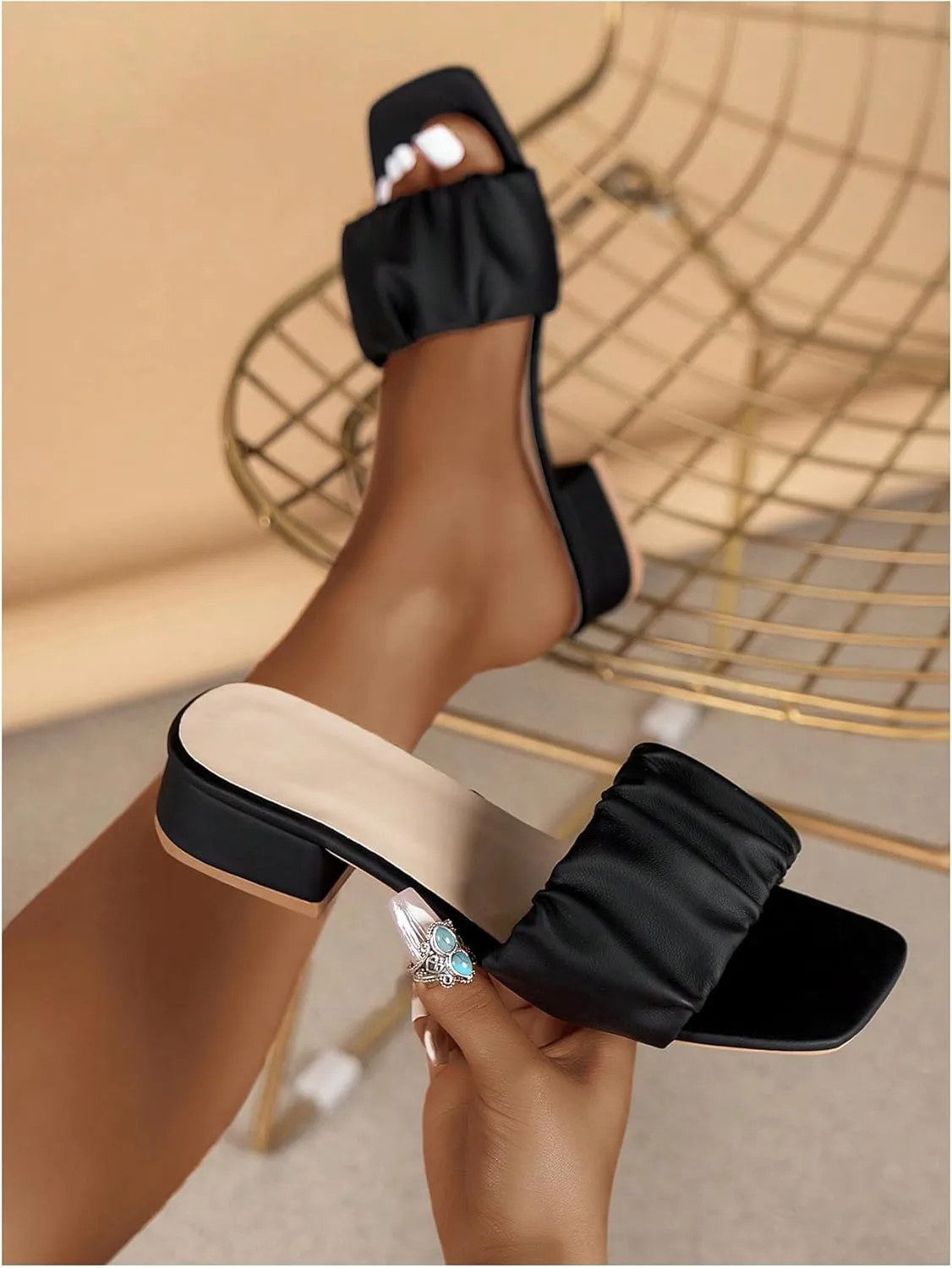 Verdusa Women's Ruched Chunky Heeled Sandals Square Open Toe Mules