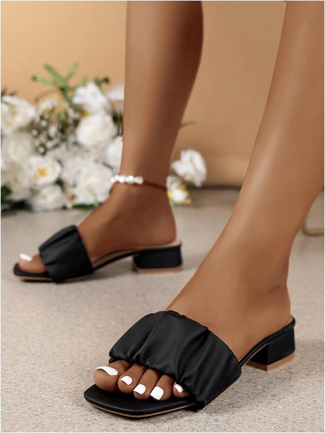 Verdusa Women's Ruched Chunky Heeled Sandals Square Open Toe Mules