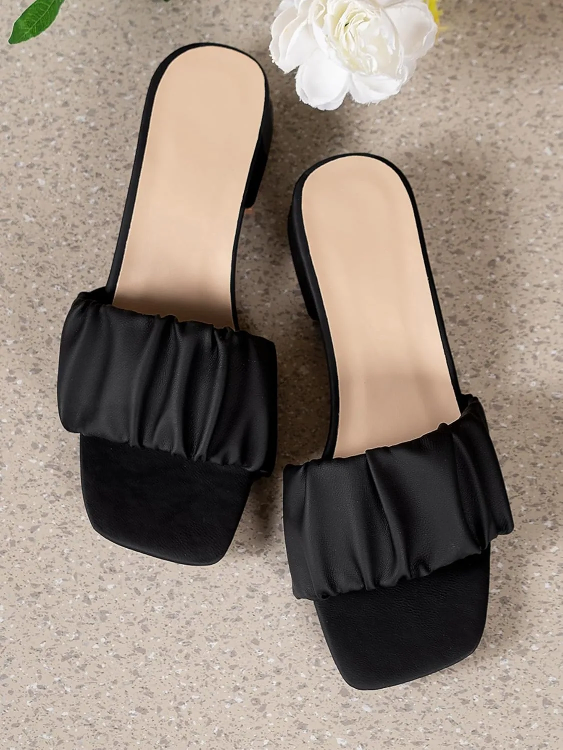 Verdusa Women's Ruched Chunky Heeled Sandals Square Open Toe Mules