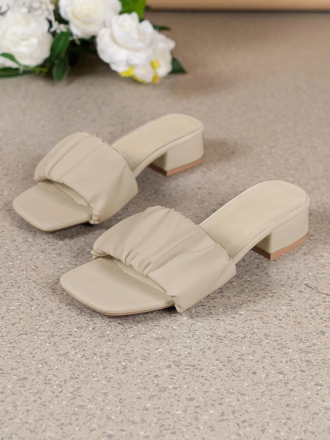 Verdusa Women's Ruched Chunky Heeled Sandals Square Open Toe Mules