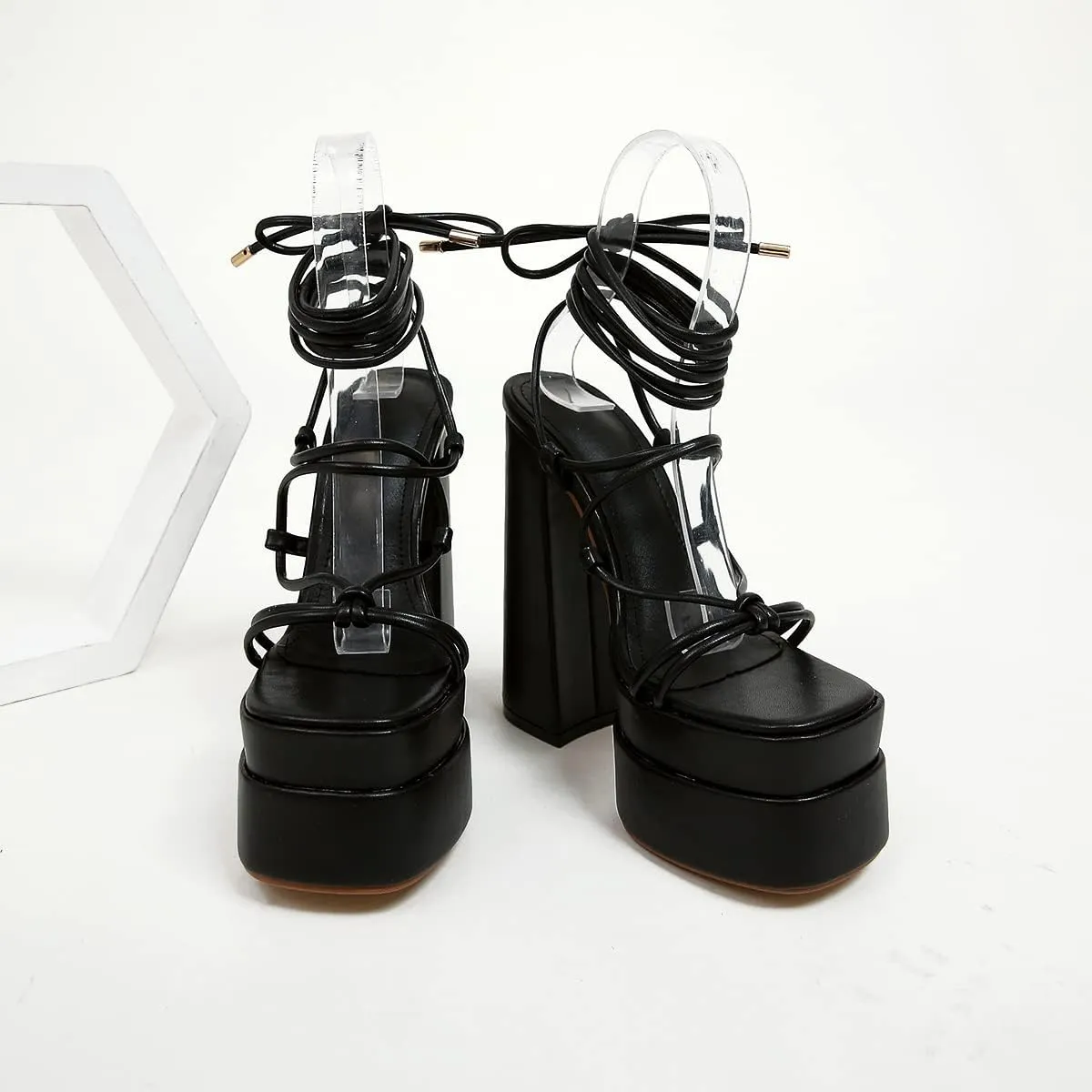 Vertundy Women's Platform Chunky Heel Sandals - Lace up Block High Heels Square Open Toe Strappy Dress Shoes for Party Dressy Summer Sexy