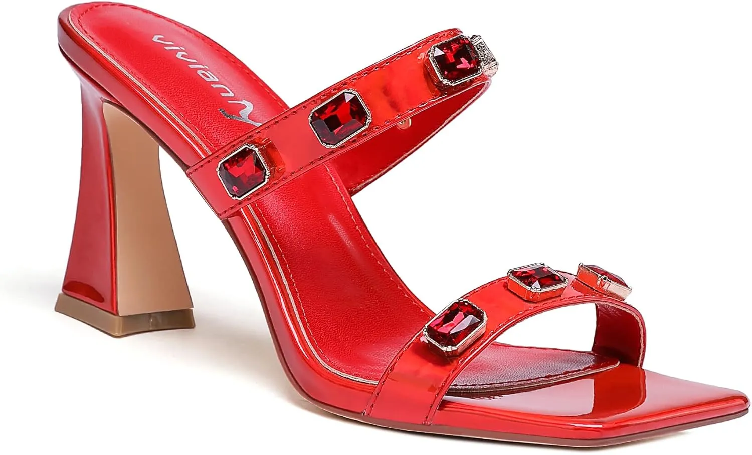 vivianly Women's Sandals Two Strap High Heels Slip On Rhinestone High Heeled Sandal Square Open Toe Heels Sexy for Party Wedding Shoes