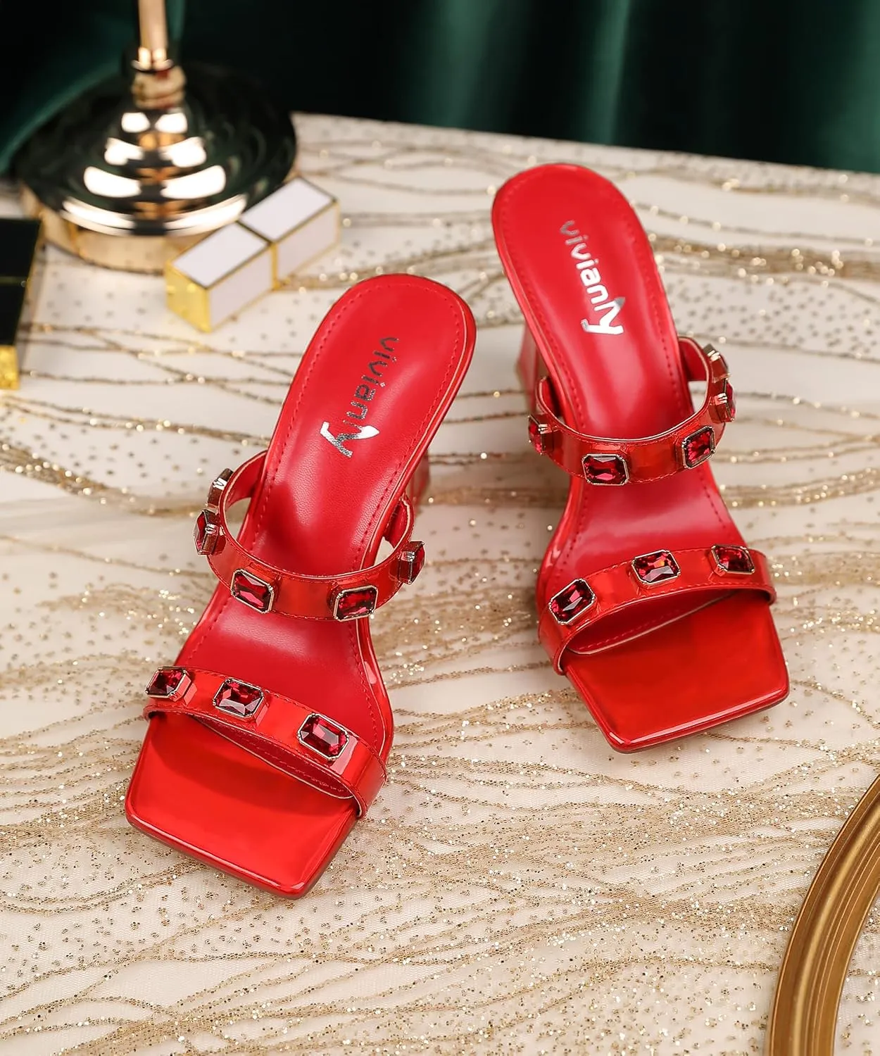 vivianly Women's Sandals Two Strap High Heels Slip On Rhinestone High Heeled Sandal Square Open Toe Heels Sexy for Party Wedding Shoes